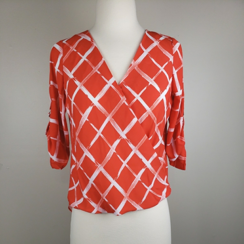 JW Styles Vneck Hi-low 3/4 Sleeve Blouse Orange XS